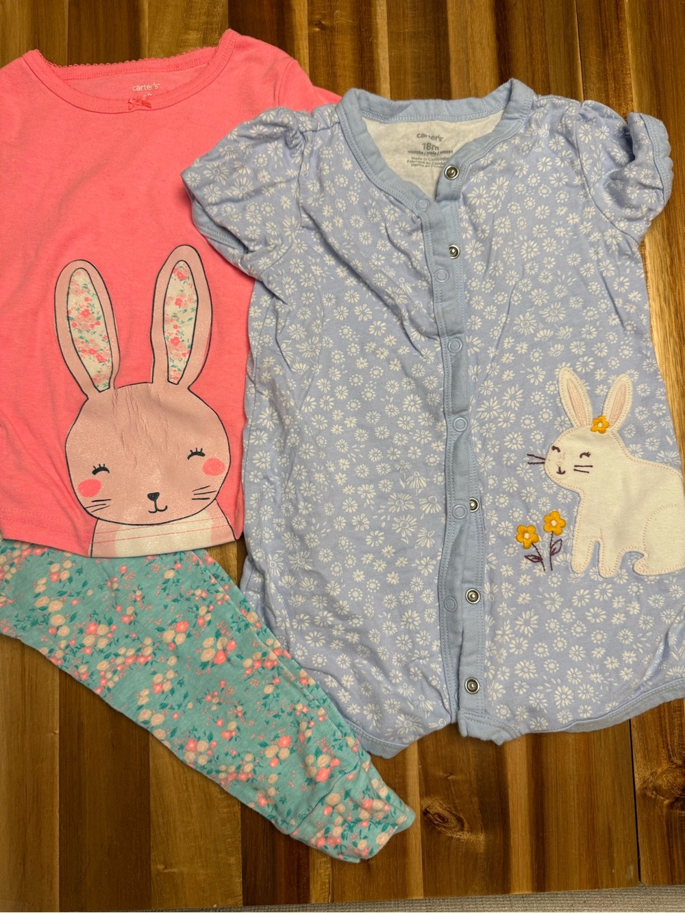 Carter's Bunny Set - Pink Top with Turquoise Floral Leggings & Light Blue onsie